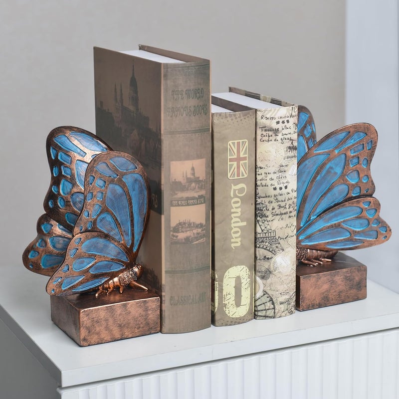 Kakizzy Vintage Blue Butterfly Bookends,Resin Book Ends for Shelves,Heavy Duty Decorative Bookends,Creative Book Stopper Holder Decor for Desk Home Office,Shelf Decoration,Gifts for Mother's Day - Image 5